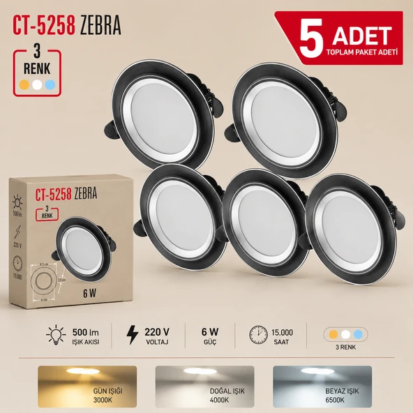 CT-5258 Zebra Led Spot 3 Renk Işık Siyah Kasa 5 Adet ürün görseli 1