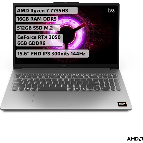 LOQ Essential AMD Ryzen 7 7735HS 16GB 512GB SSD RTX3050 Freedos 15.6" FHD 144Hz Taşınabilir Bilgisayar 83S00033TR ürün görseli 1