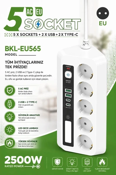 5’li Akım Korumalı Priz 2500w | 2 Usb + 2 Type-c Hızlı Şarj | Led Gece Lambalı | Dokunmatik Beyaz ürün görseli 1