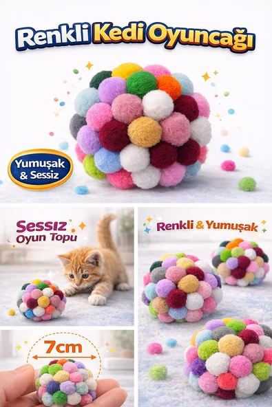 Renkli Ponpon Kedi Oyuncak Topu 7 cm  ( 2 Adet ) – Yumuşak Sessiz Kedi Oyun Topu ürün görseli 1