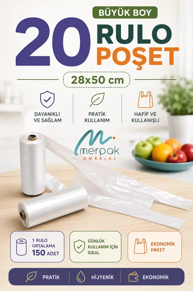 Rulo Poşet Büyük Boy 20 Rulo Hışır Atlet Poşet 28x50 cm Market Manav Poşeti Çöp Poşeti ürün görseli 1