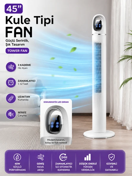 45W Kule Tipi Fan 45 İnç Uzaktan Kumandalı Dijital Ekranlı Zaman Ayarlı Sessiz Vantilatör ürün görseli 1