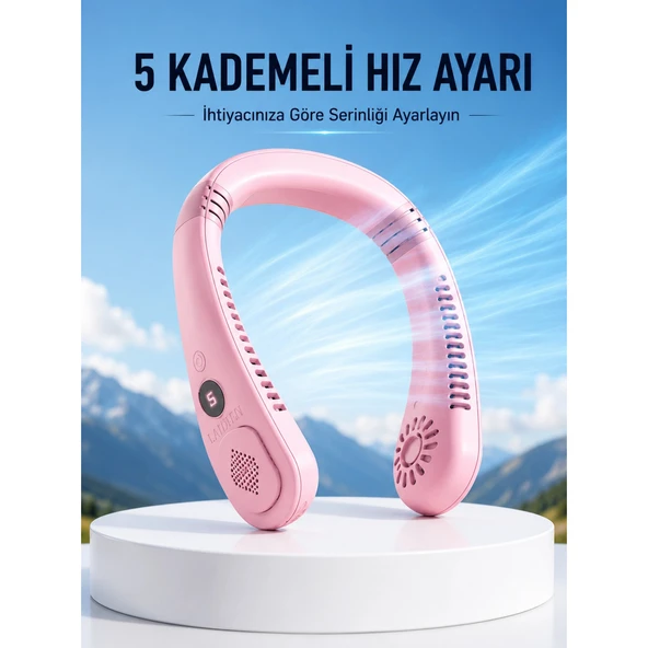 Pembe Taşınabilir Boyun Fanı Ergonomik Tasarım Çok Kademeli Hava Akışı ürün görseli 1