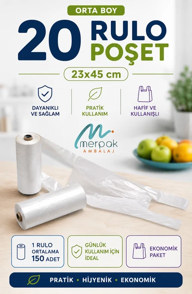 Rulo Poşet Orta Boy 20 Rulo Market Manav Poşeti 23x45 cm Hışır Atlet Poşet Çöp Poşeti ürün görseli 1