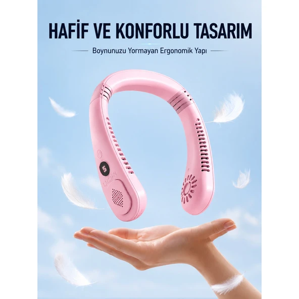Pembe Boyun Tipi Fan USB Şarjlı Hafif Tasarım Güçlü Hava Üflemeli Serinletici ürün görseli 1