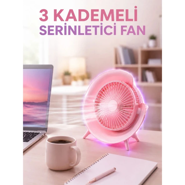 RGB Işıklı 3 Kademeli USB Şarjlı Masaüstü Vantilatör ürün görseli 1
