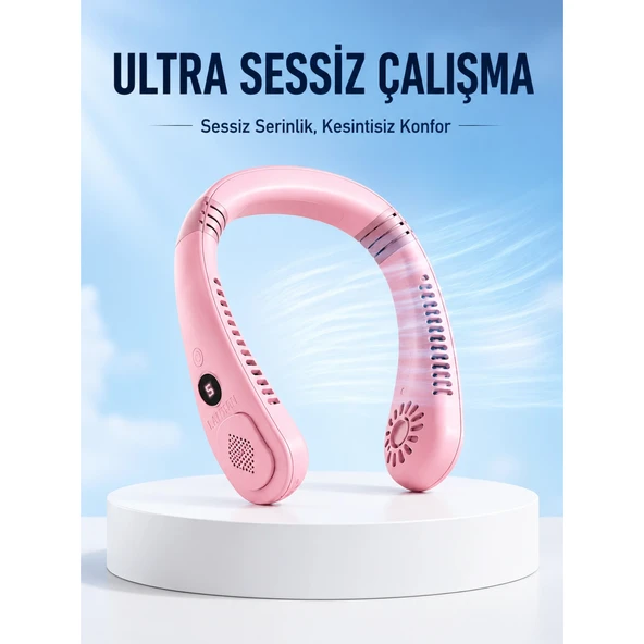 Pembe Şarjlı Boyun Fanı 5 Kademeli Hız Ayarlı Taşınabilir Boyun Tipi Fan ürün görseli 1