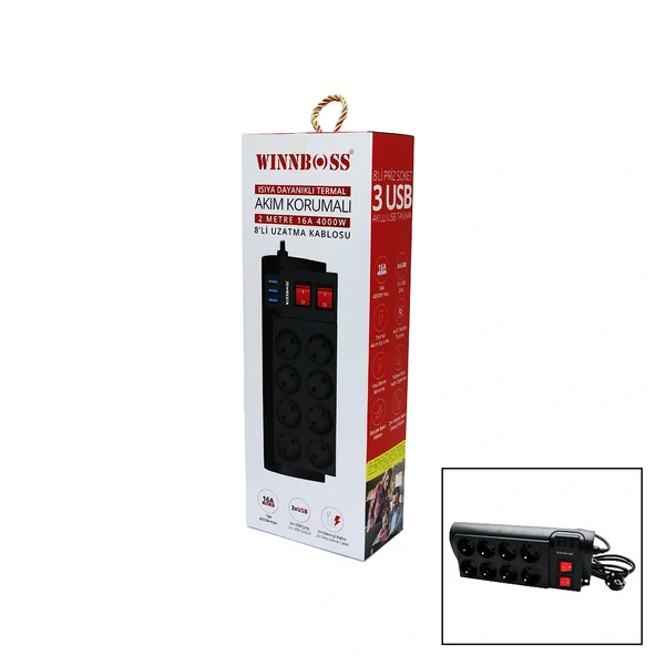 Termal Akim Korumali 16A 8Li̇ Pri̇z 3Xusb 2Mt Anahtarli Uzatma Kablo Si̇yah (5047) ürün görseli 1
