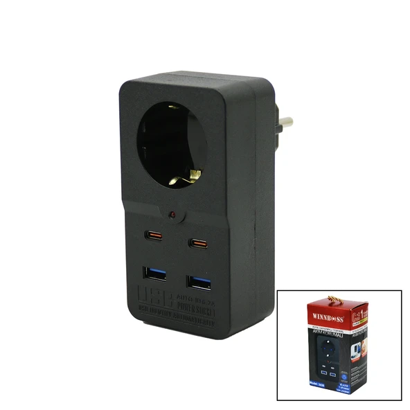 Termal Akim Korumali 1Xpri̇z 2X Usb 2X Type-C Duvar Ti̇pi̇ Pri̇z Si̇yah 10A - 2500W (5047) ürün görseli 1