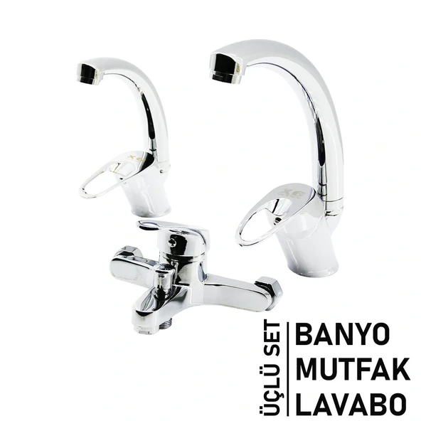 3Lü Set Banyo - Evye Mutfak - Lavabo Aç Kapa Mi̇x Batarya Musluk (5047) ürün görseli 1