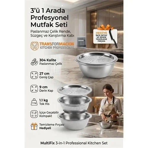 3'Ü 1 Arada Profesyonel Mutfak Seti - Paslanmaz Çelik Rende, Süzgeç Karıştırma Kabı (27 Cm) 723296 ürün görseli 1