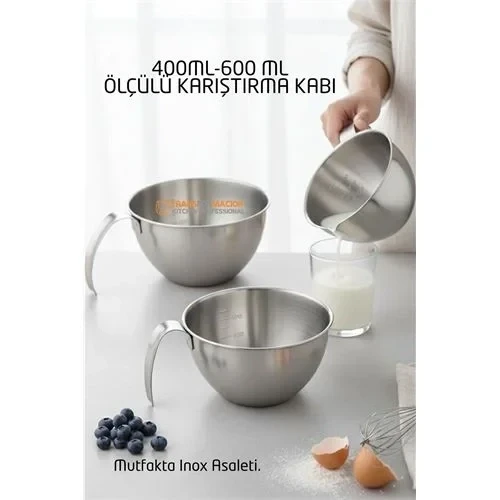 Inox Çelik Profesyonel Ölçülü Karıştırma Kabı Seti -400-600 Ml Sos & Hazırlık Şefi Serisi ürün görseli 1