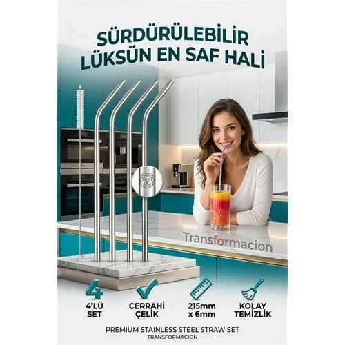 Paslanmaz Çelik Metal Pipet Seti 4'Lü - Yıkanabilir Fırçalı Çevre Dostu Pipet 723136 ürün görseli 1
