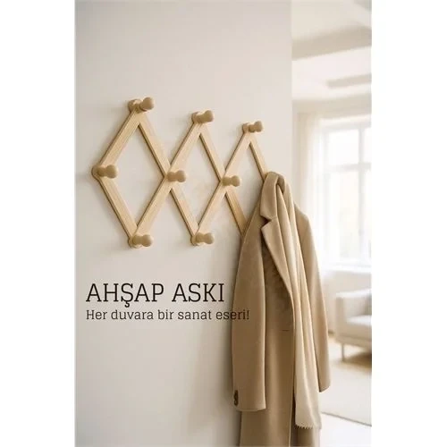 Ahşap Akordeon Duvar Askısı - Dekoratif, Çok Amaçlı, 10 Kancalı Akıllı Askılık 722371 ürün görseli 1