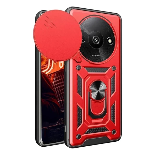 Redmi A3 4G Kılıf Pars Lens Yüzüklü Silikon - Kırmızı ürün görseli 1
