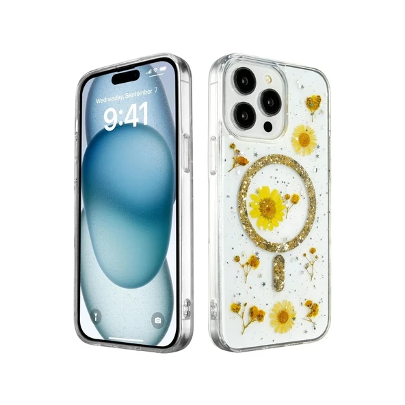 İphone 14 Kılıf Daisy Simli Magsafe Kapak - Gold ürün görseli 1