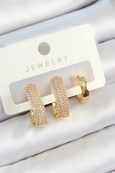 Pirinç Zirkon Taşlı Damla Model Gold Renk 3'Lü Çift Kadın Küpe Set ürün görseli 1