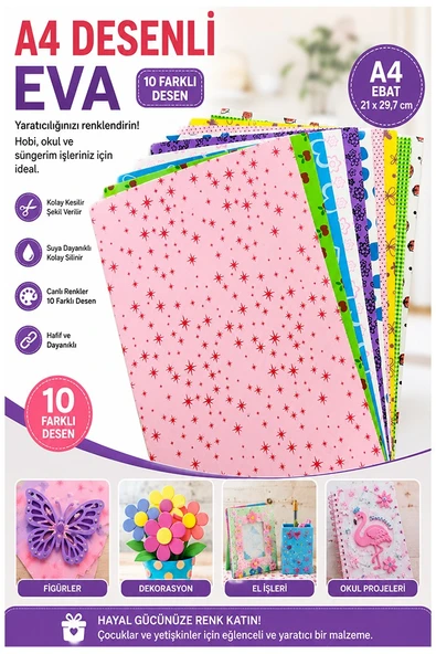 Desenli Eva 10 Renk A4 20X30cm 1 Paket Bubu Desenli Eva Süngeri 10 Lu Renkli Eva Elişi Okul Öncesi Ana Sınıfı İlkokul ürün görseli 1