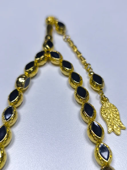 Siyah Mineli Sarı Metal Alpaka Özel Tasarım Ağır Tesbih (11 x 8 x 6 mm) ürün görseli 1