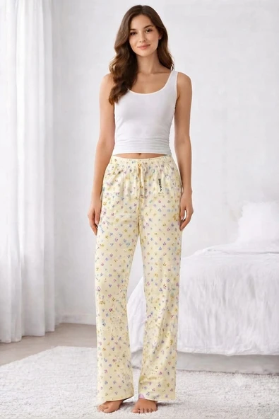 Viskon Pamuklu Kadın Açık Sarı Desenli Pijama Pantolon - MG010 - Mudanis ürün görseli 1
