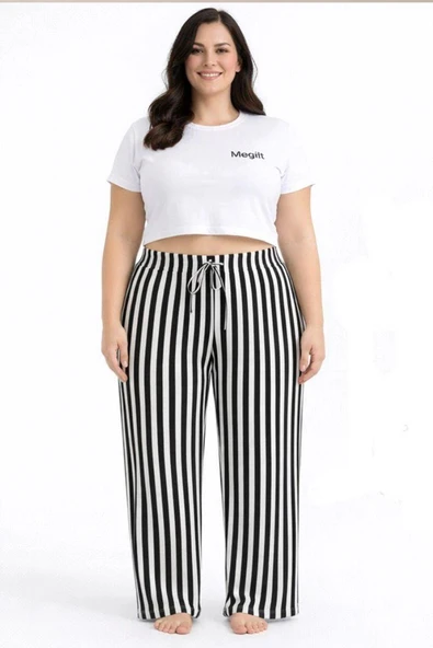 Viskon Pamuklu Kadın Büyük Beden Siyah Çizgili Pijama Pantolon - MGB001 - Mudanis ürün görseli 1