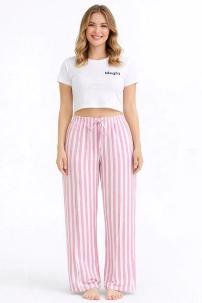 Viskon Pamuklu Kadın Pudra Pembe Çizgili Pijama Pantolon - MG004 - Mudanis ürün görseli 1