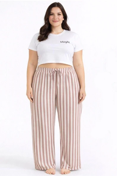 Viskon Pamuklu Kadın Büyük Beden Gül Kurusu Çizgili Pijama Pantolon - MGB003 - Mudanis ürün görseli 1