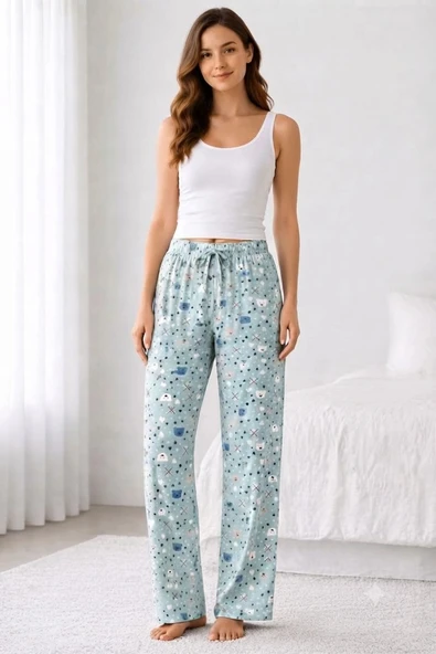 Viskon Pamuklu Kadın Deniz Mavisi Desenli Pijama Pantolon - MG012 - Mudanis ürün görseli 1