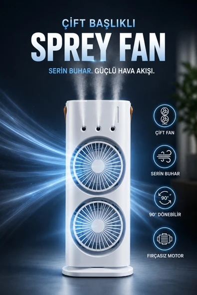Sulu Buharlı Çift Başlıklı Klima Fanı Taşınabilir USB Şarjlı 3 Kademeli LED Işıklı, Masaüstü Fan, Taşınabilir Fan ürün görseli 1