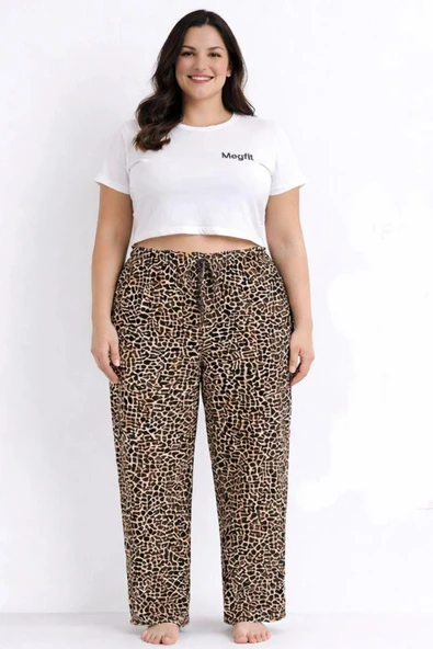 Viskon Pamuklu Kadın Büyük Beden Leopar Desenli Pijama Pantolon - MGB005 - Mudanis ürün görseli 1