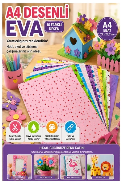 Desenli Eva 10 Renk A4 20x30cm 1 Paket Bubu Desenli Eva Süngeri 10 Lu Renkli Eva Elişi Okul Öncesi Ana Sınıfı İlkokul ürün görseli 1