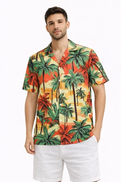 Erkek Hawaii Tarz Tropikal Palmiye Desenli Kısa Kol Gömlek Rahat Kalıp Yazlık - Desenli ürün görseli 1