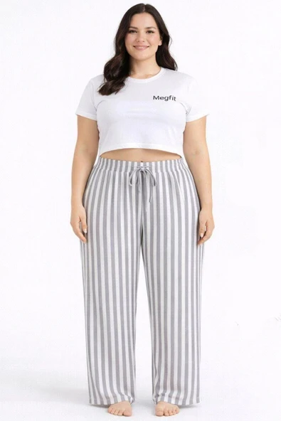 Viskon Pamuklu Kadın Büyük Beden Açık Gri Çizgili Pijama Pantolon - MGB006 - Mudanis ürün görseli 1