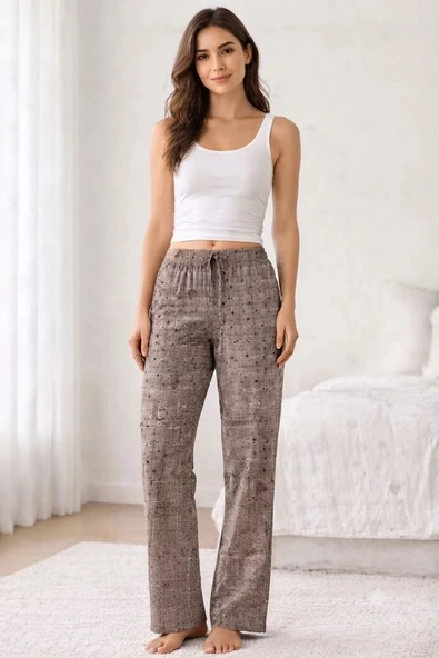 Viskon Pamuklu Kadın Gri Desenli Pijama Pantolon - MG011 - Mudanis ürün görseli 1