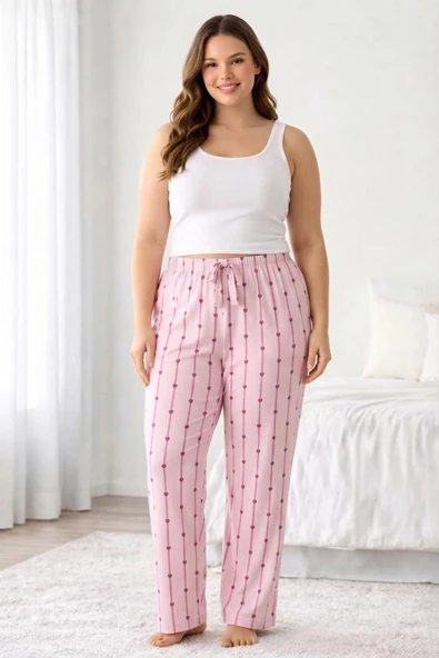 Viskon Pamuklu Kadın Büyük Beden Açık Pembe Desenli Pijama Pantolon - MGB007 - Mudanis ürün görseli 1