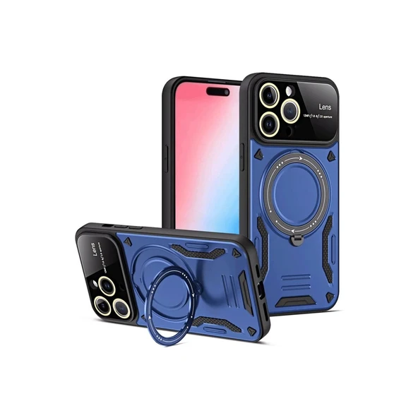 Apple İphone 16 Pro Max Kılıf Joy Lens Standlı Kapak - Lacivert ürün görseli 1