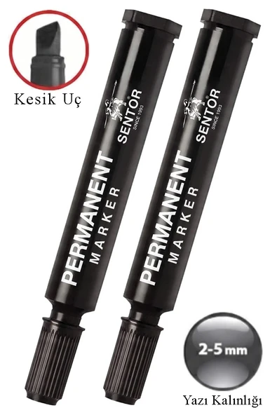 Siyah Permanent Markör Kalem Kesik Uç 2 Adet Sentör Kalıcı Marker Kalem Tüm Koli Karton Çuval Cam Plastik Yüzeylerde ürün görseli 1