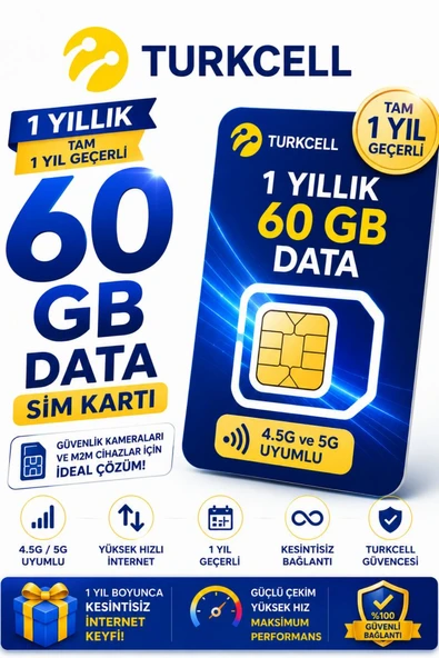 Turkcell 4G ve 5G Güvenlik Kamerası SIM Kartı 1 Yıl 60 GB Data Hattı Solar Kamera İçin ürün görseli 1