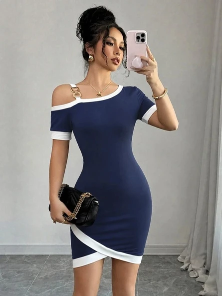 Kadın Kısa Kollu Asimetrik Kesim Yaka şerit Ve Aksesuar Detaylı Modal Elbise ürün görseli 1
