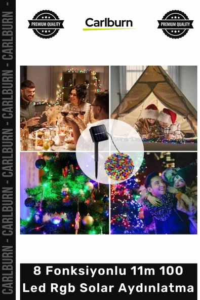 #solar Siyah Kablolu Güneş Enerjili Dış Mekan 8 Fonksiyonlu 11m 100 Led Rgb Solar Aydınlatma ürün görseli 1