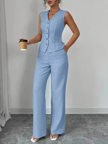 Kadın Askılı önden Düğmeli Bluz Ve Pantolon Keten Ikili Takım ürün görseli 1
