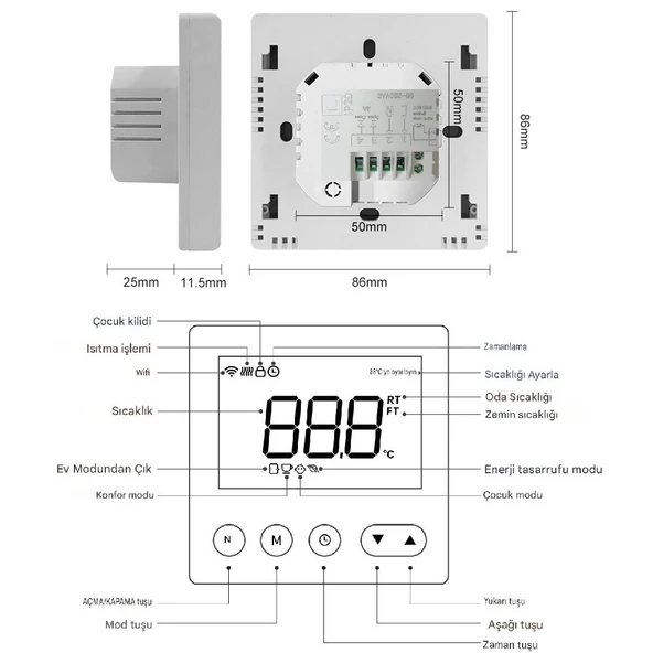 YATE10 220V 3A LCD Ekranlı Termostat - Resim 4