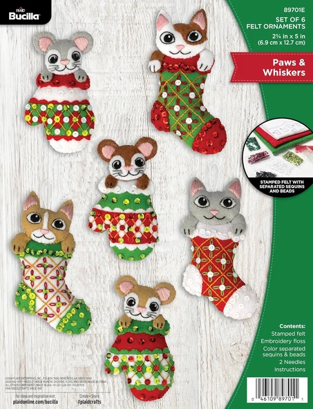 Bucilla, Paws & Whiskers, Keçe Aplike 6 Parça Süs Yapma Seti, Tatil Kendin Yap Sanatları El Sanatları Için Mükemmel, 89701E ürün görseli 1