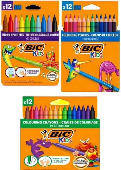 Bic 12' Li Kuru- Pastel- Keçeli 3'Lü Boya Kalemi Seti ürün görseli 1