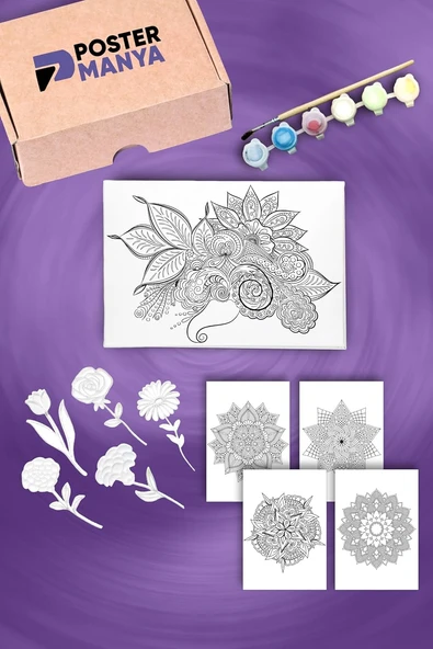 Postermanya Çiçekli Mandala Sanat Kutusu, Yetişkinler İçin Hobi Seti, 3D Çiçek Figür, Tuval, Kartlar, Hediyelik ürün görseli 1