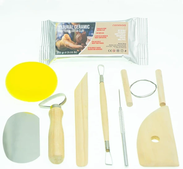 Ahşap Saplı Seramik Doğal Kil Hamuru Oyma Şekil Verme Alet Seti Yeni Başlayanlar İçin Ceramic Şekillendirme El Aleti Seti (Kırmız Kil/Terra Cotta Clay) Pottery Tool Kit ürün görseli 1