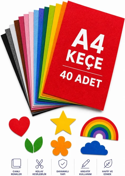 40 Adet Keçe Karışık Renk - A4 Boyutunda 20X30 Cm. ürün görseli 1
