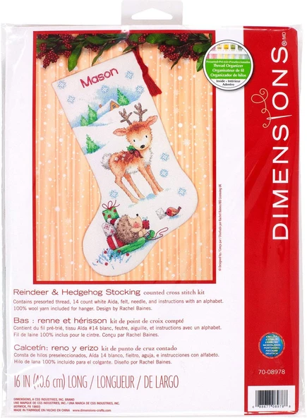 Dimensions Kanaviçe "Ren Geyiği Kirpi" Kişiselleştirilmiş Noel Çorap Seti, Beyaz 14 Adet Aida, 40 Cm ürün görseli 1