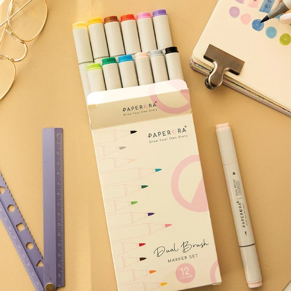 12’Li Çift Uçlu Alkol Bazlı Marker Kalem Seti – Brush + Chisel ürün görseli 1