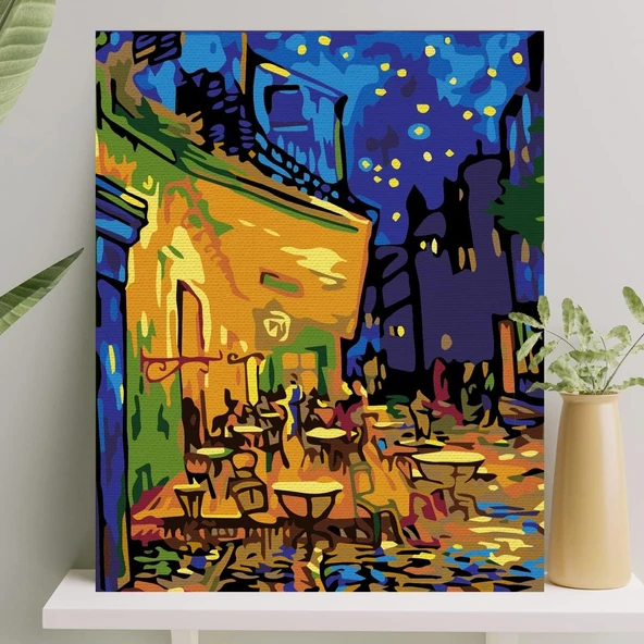 Palmiye Hobi Sanat Sayılarla Boyama Tuval Seti Fırça Boya Dahil (Çıtalı) 40X50 Cm - Cafe Terrace At Night ürün görseli 1